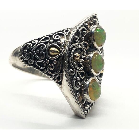 18k Gold and Sterling Silver Ring 925 Size 9.5 Bali Opal Scroll M ID signed - Picture 5 of 9